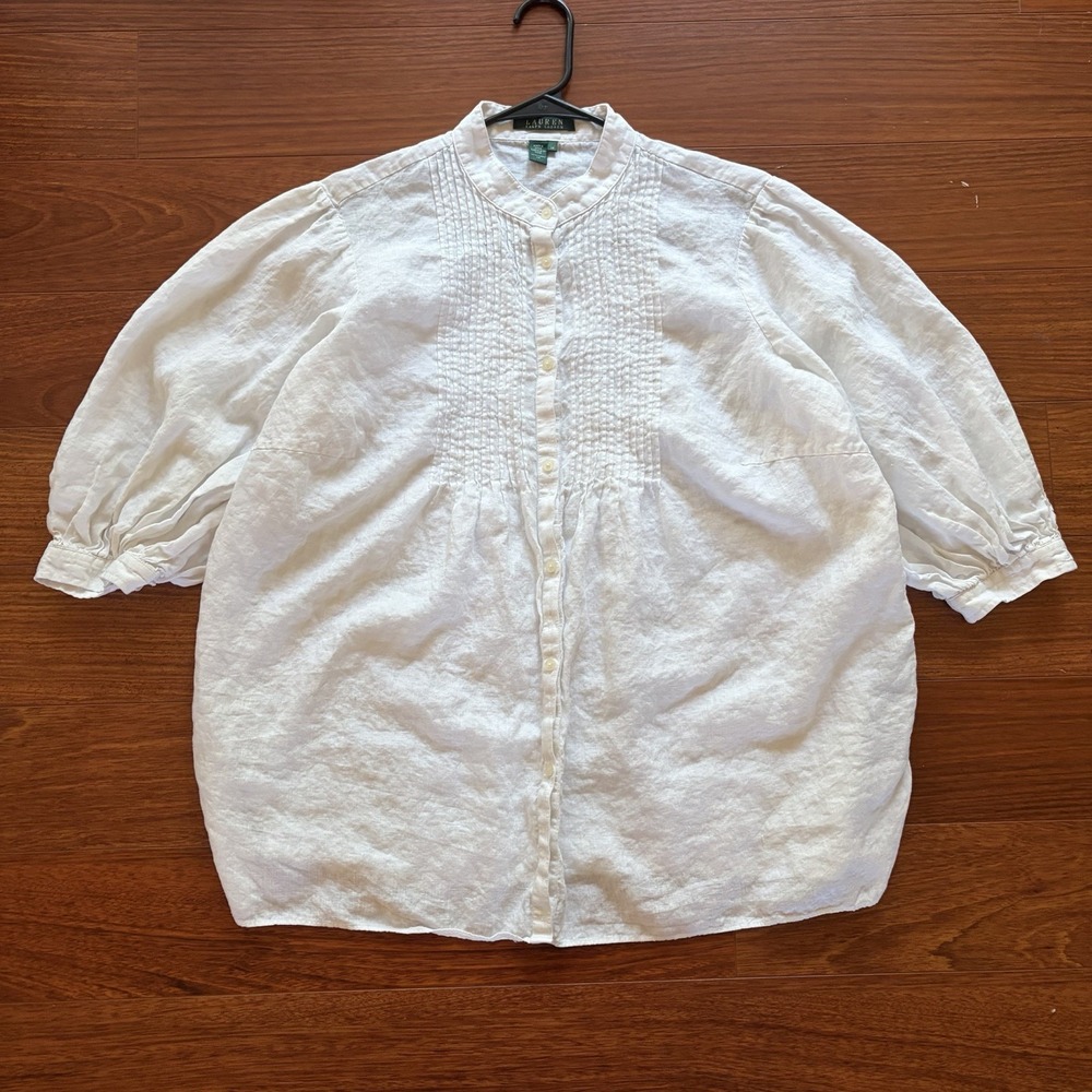 Lauren Ralph Lauren Women's 1X White 100% Linen Pintuck Puff Sleeve Blouse
